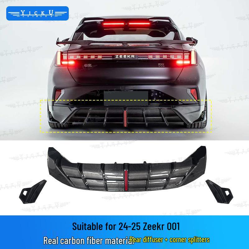 Zeekr 001 Body Kit: Carbon Fiber Front Lip, Side Skirts, Rear Diffuser, Spoiler, Roof Spoiler.