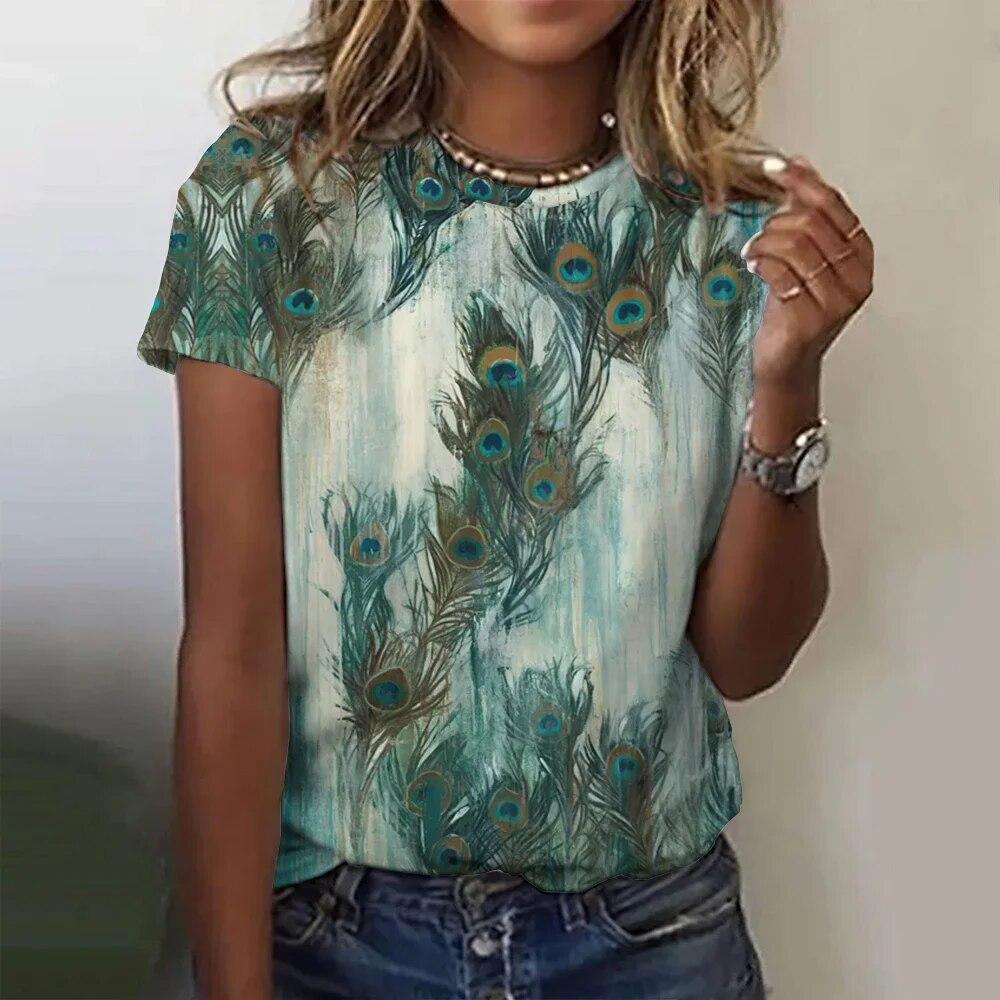 Letní módní dámské tričko s 3D potiskem pavího peří, top Harajuku, barevná osobnost, krátký rukáv, trička, nadměrné oblečení