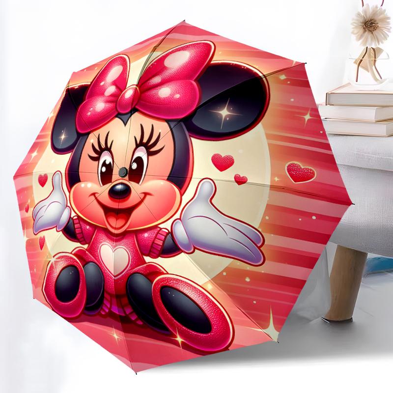 1pc Sturdy 8-Bone Auto Umbrella, Minnie Mouse Pastel Moonlight Floral Umbrella, Digital Printed, Foldable Umbrella for On-the-Go Outdoor Use