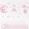 Watercolor Soft Pink 3 Bunnies Rabbit Moon Clouds Stars Wall Stickers for Kids Room Baby Nursery Room Wall Decals Home Decor PVC