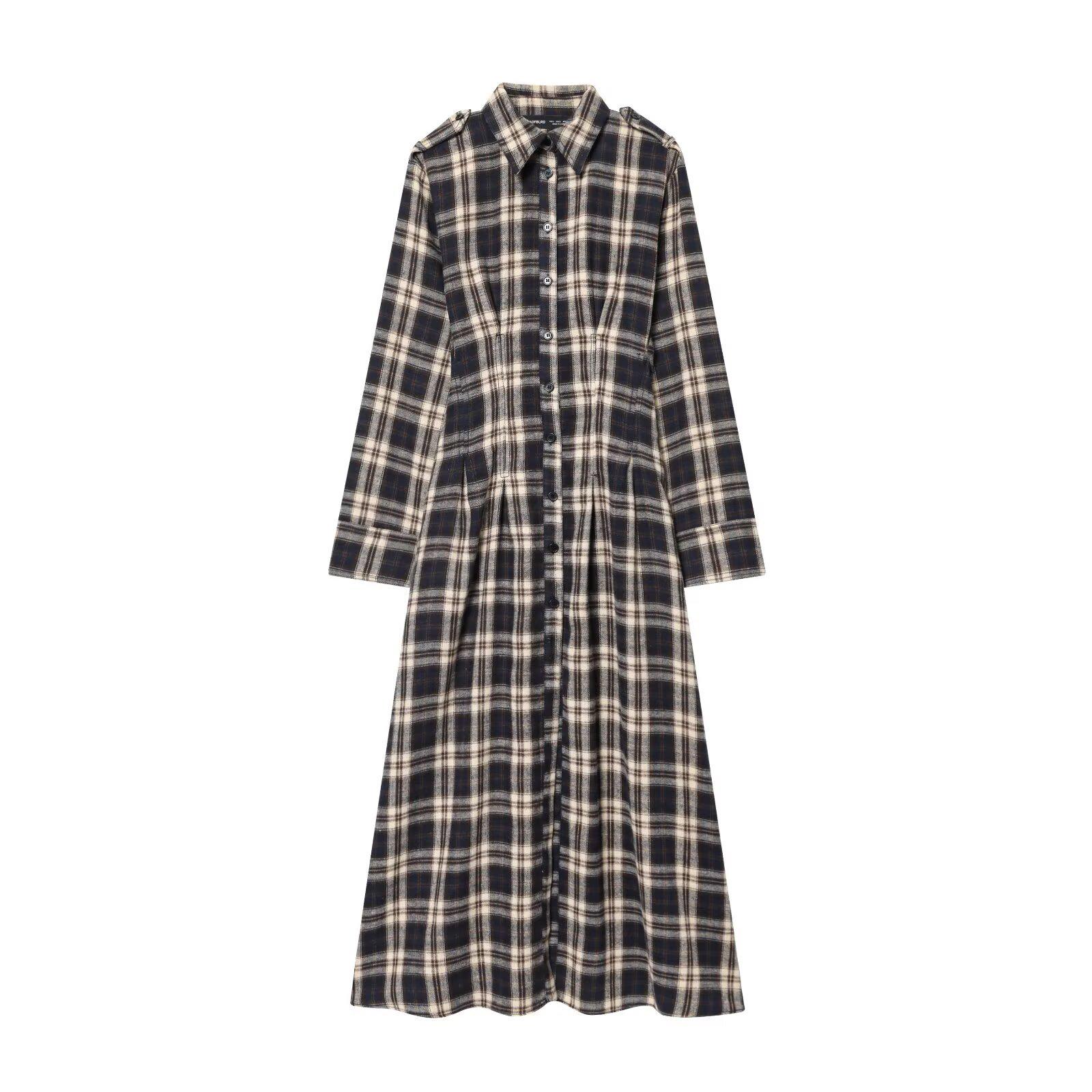 Autumn 2025 Women s Retro Plaid Waist-Cinching Long Sleeve Dress Small