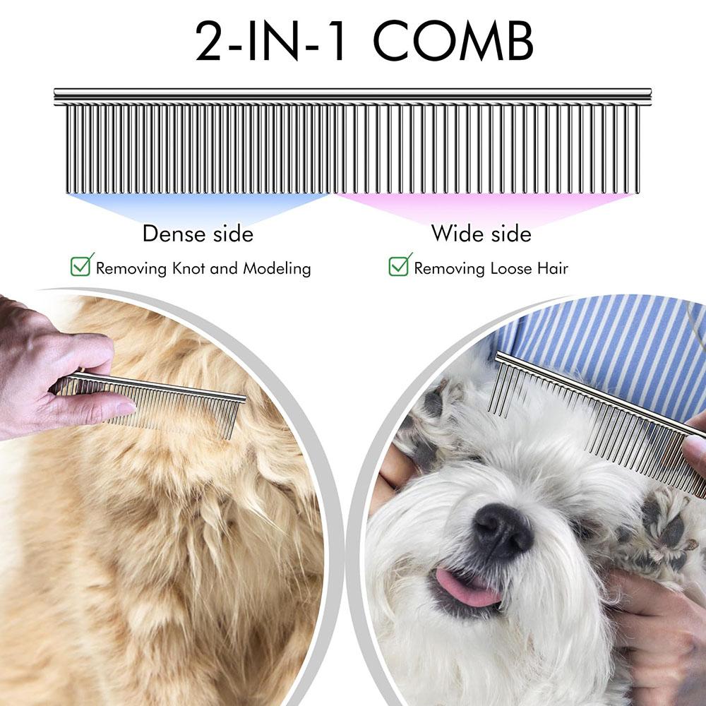 Pet Grooming Combo Stainless-Steel Comb and Dog Brush Professional Undercoat Rake Deshedding Tools for Long-Haired Dogs and Cats
