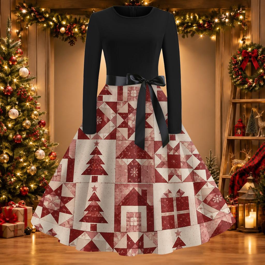 Women's Casual Slim Fit Long Sleeve Round Neck Flared Dress with Christmas Print