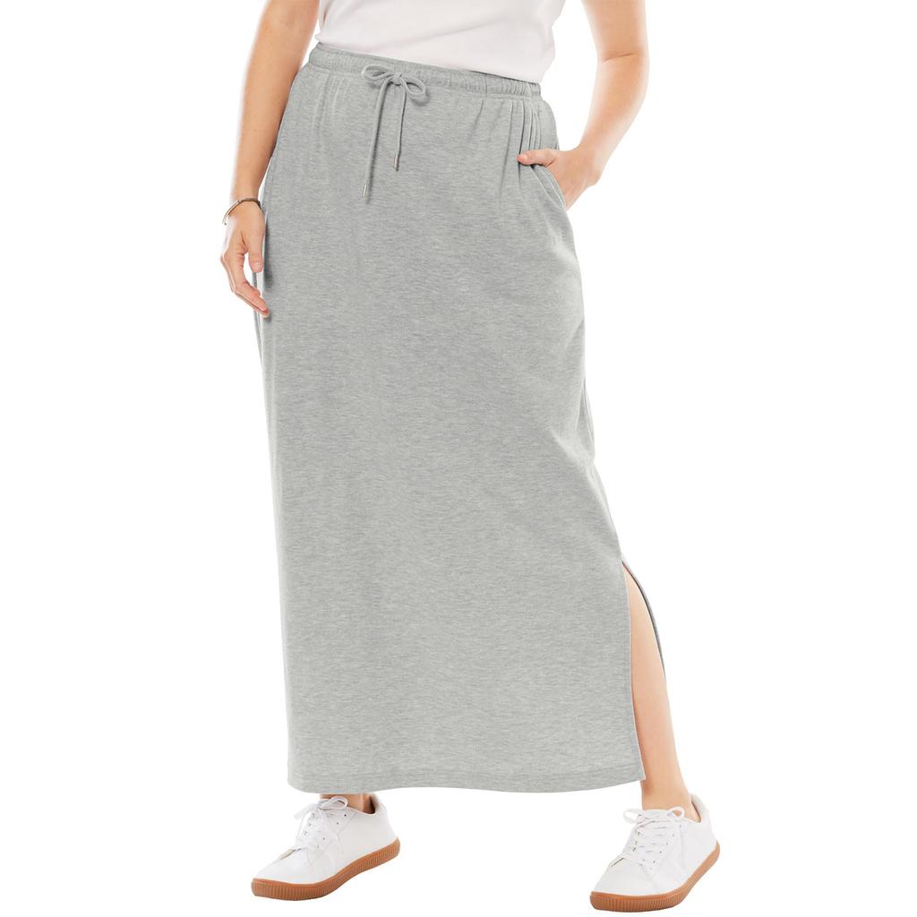 Womens Casual Maxi Skirts High Waist Trendy Drawstring Side Slit Skirts With Pockets