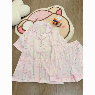 Soft Cute Princess Style Pink Strawberry Rabbit Pajamas Women's Summer Short-sleeved Shorts Cardigan Two-piece Girl Loungewear
