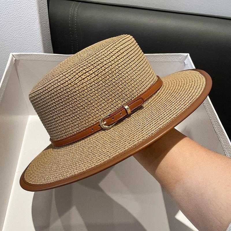 Women's Stylish British Inspired Flat Top Straw Sun Hat with Decorative Brown Belt Wide Brim UV Protection for Summer Beach