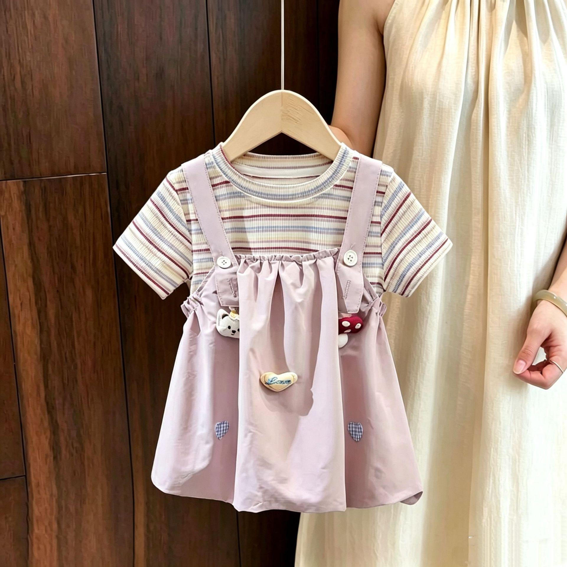 Girls Summer Fake Two Piece Suspender Dress Stylish Short Sleeve Baby Girl Casual Dress For Kids 80cm