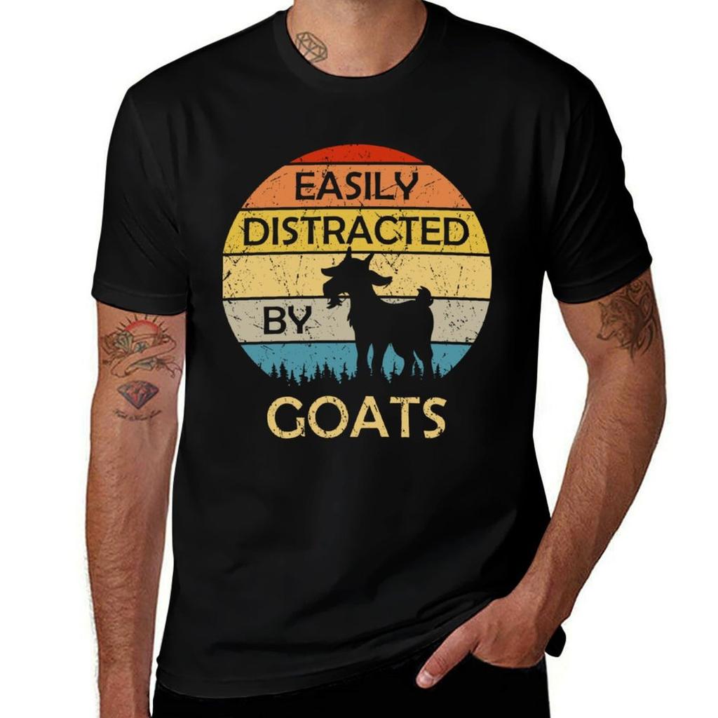 Easily Distracted By Goats Retro Vintage Funny Goat Lover Tshirt Breathable Basic Cotton Tshirt
