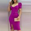 Sweetheart Square Neck Bodycon Dress, Puff Short Sleeve Front Slit Pencil Dress with Matching Belt,Sexy Slim Elegant Nightclub Vacation Split Dress