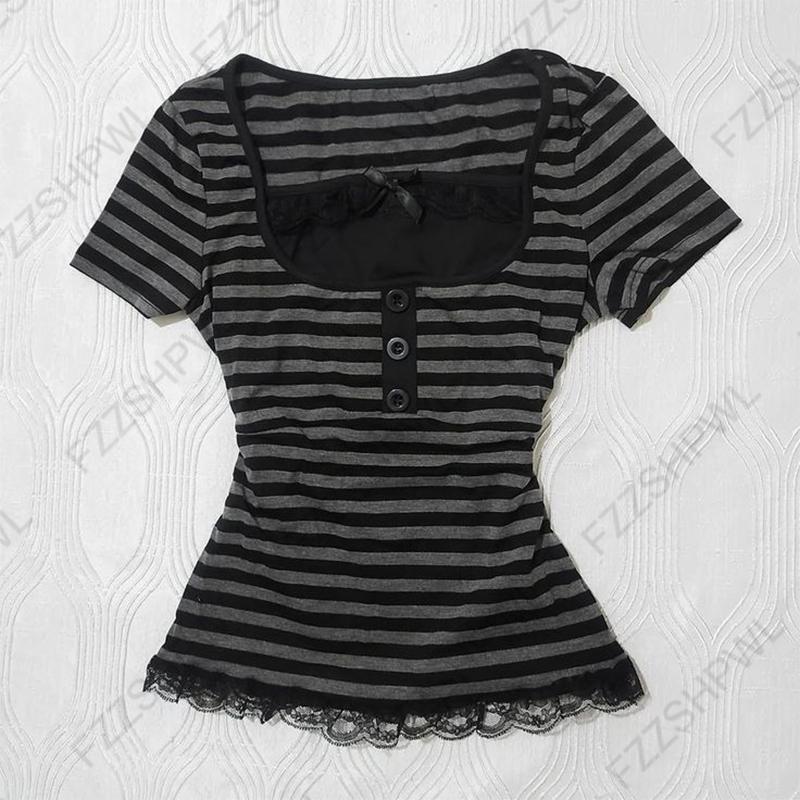 TrendHub Gothic Harajuku Y2K Women's Crop Top Casual Slim Fit Striped Lace Bow Button Design Short Sleeve T-Shirt Chic Trendy Streetwear
