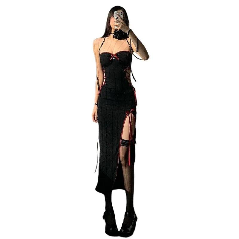 AltGoth Gothic Dark Midi Dress Dámské Vintage Fairycore Grunge Punk Y2k Hotsweet Pásek na špagety Dutý korzet Bodycon šaty