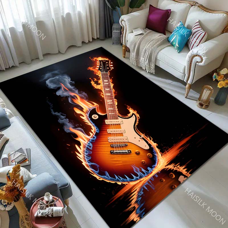 Flaming Electric Guitar Smoke Reflection Print Carpet for Living Room Bedroom Sofa Home Decor Rus Non-slip Floor Mat Luxury Gift