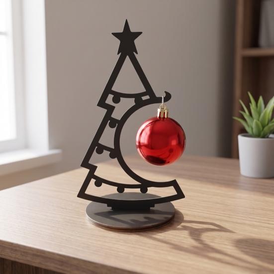 Holiday Atmosphere Ornament Christmas Tree Table Decoration, Metal Line Art Sculpture with Festive Figurine for Workstation Red Ball Xmas Party Desk,