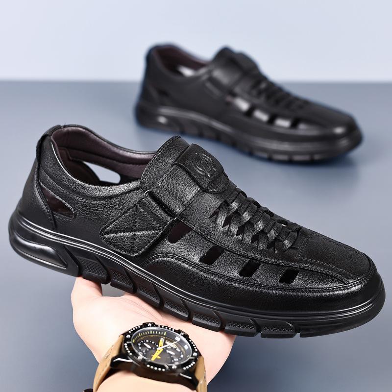 Breathable Men'S Leather Sandals Cowhide Hollow Hole Shoes Casual Soft Sole Dad Sandals