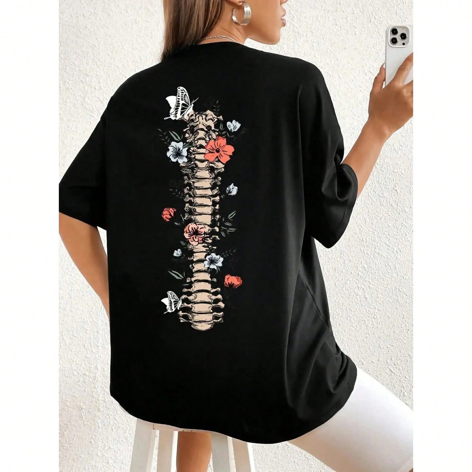 Floral & Skeleton Print Cotton T-Shirt For Women Motivational Grow Through It Personality Female Tee Oversize Tops Soft Clothes S разноцветный