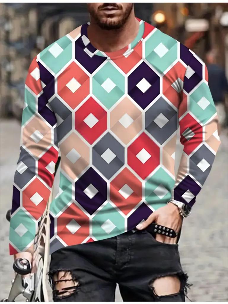 T Shirts for Man Geometric Block 3D Print Autumn Long Sleeve T-Shirt Pullover Casual Male Tops Street Lightweight Men's Clothes