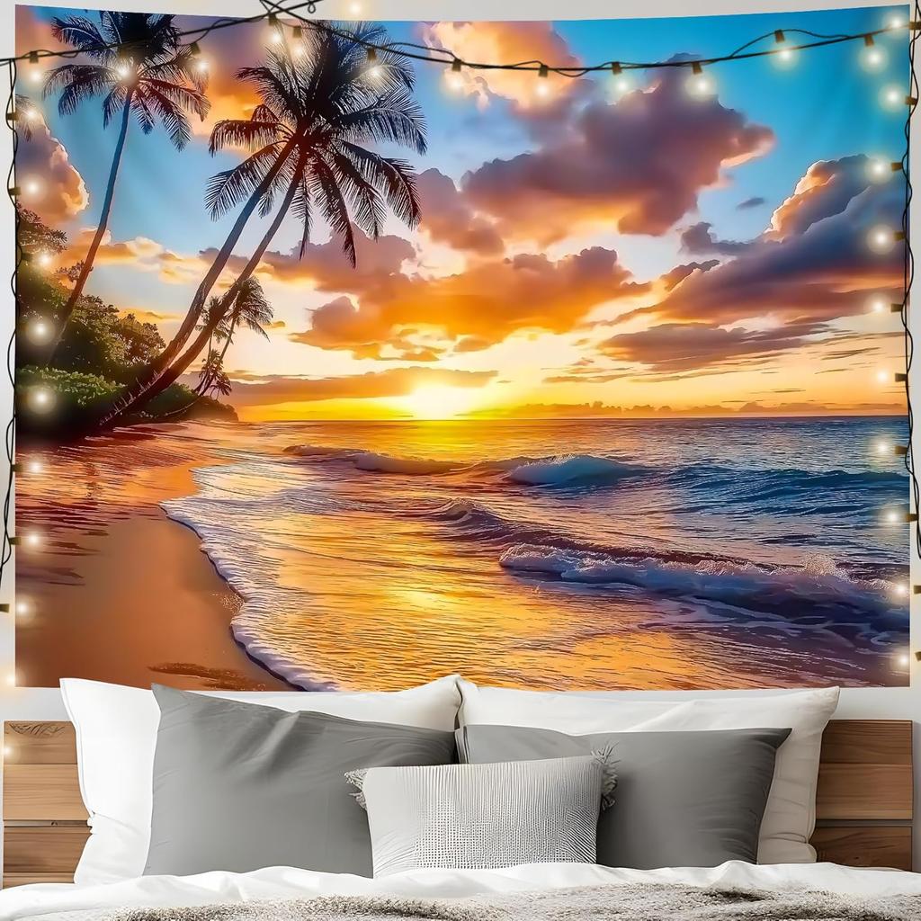 AOHMPT Ocean Sunset Tapestry, Beach Evening Sunset Tapestry, Natural Beach Palm Tree Landscape Poster, Seaside Landscape Wall Hanging for Bedroom,