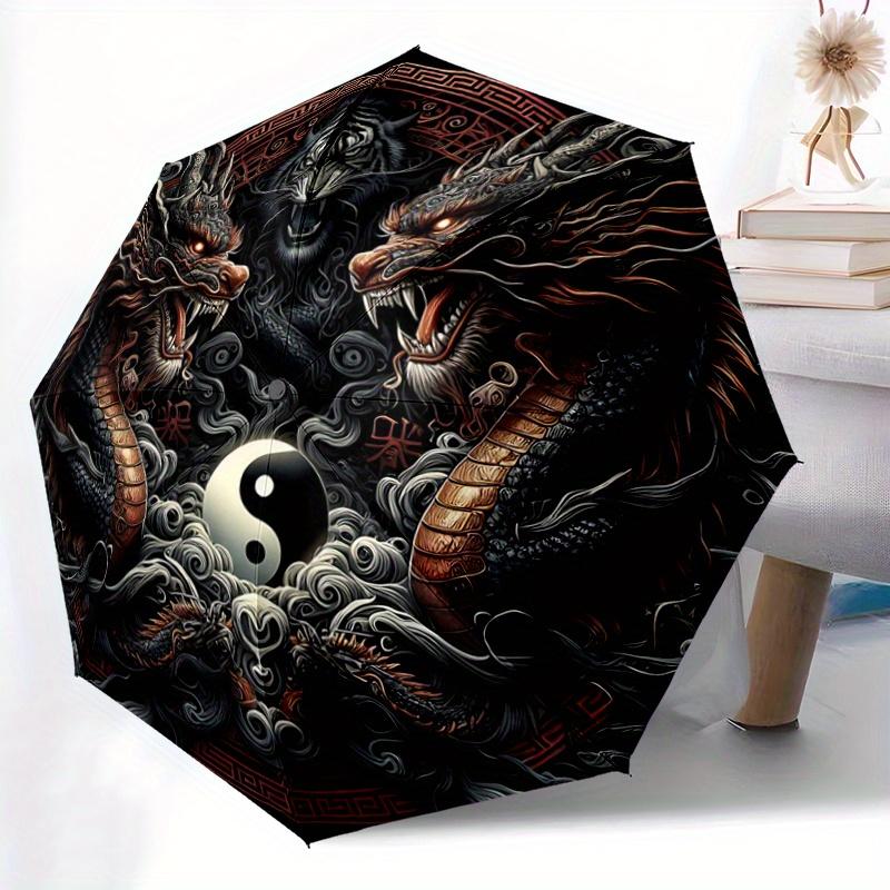 1pc Yin and Yang Dragons Fully Automatic Folding Portable Umbrella, 8 Iron Frames, Three-Fold Design, Suitable for All Seasons, Suitable for Outd