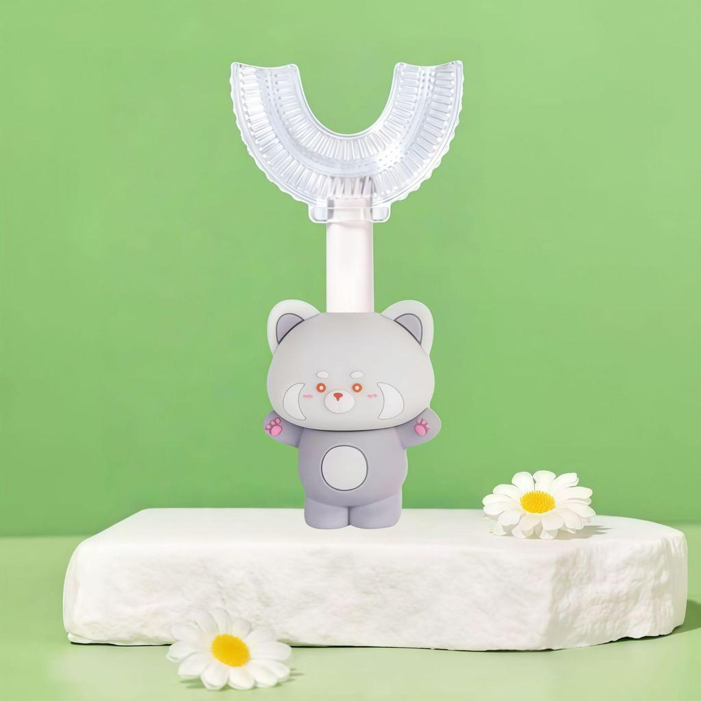 Children's Soft Bristle U-shaped Toothbrush with Silicone Head and Cute Raccoon Handle for Ages 1-12