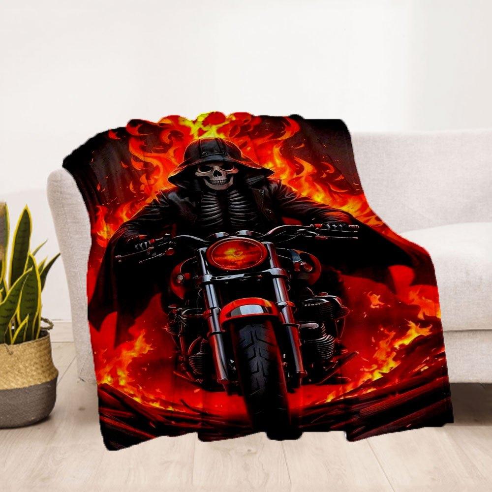 "Skull Biker with Fiery Background Wall Art Print"Blanket Flannel Throw Blanket for Sofa, Bed, Travel, Camping, Office, Couch, Chair, And Be