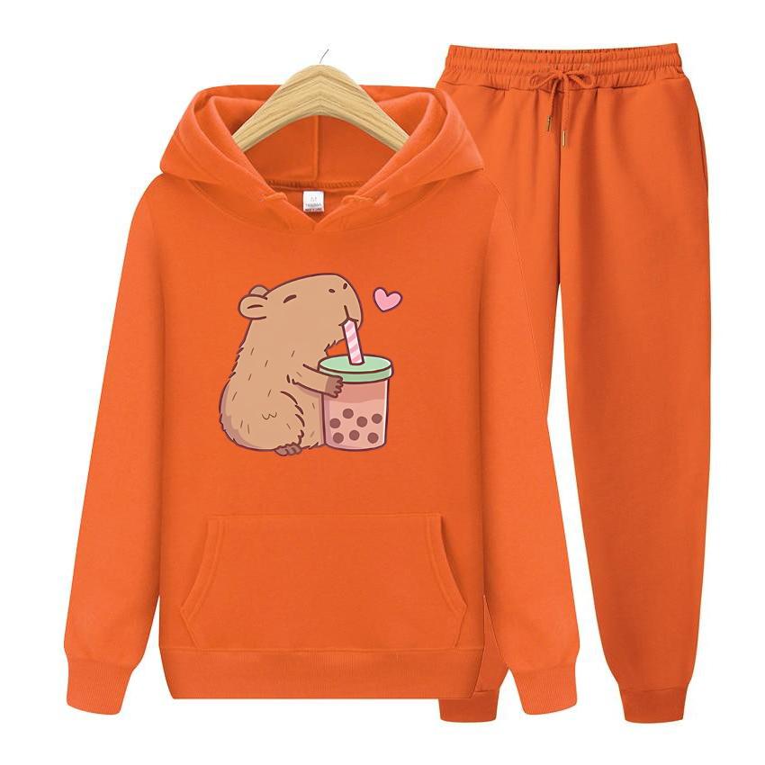 Men's Sports Suit Kawaii Bubble Tea Capybara Hoodie Women Men Aesthetic Graphic Hoodies Set Unisex Harajuku Pullovers Sweatshirts