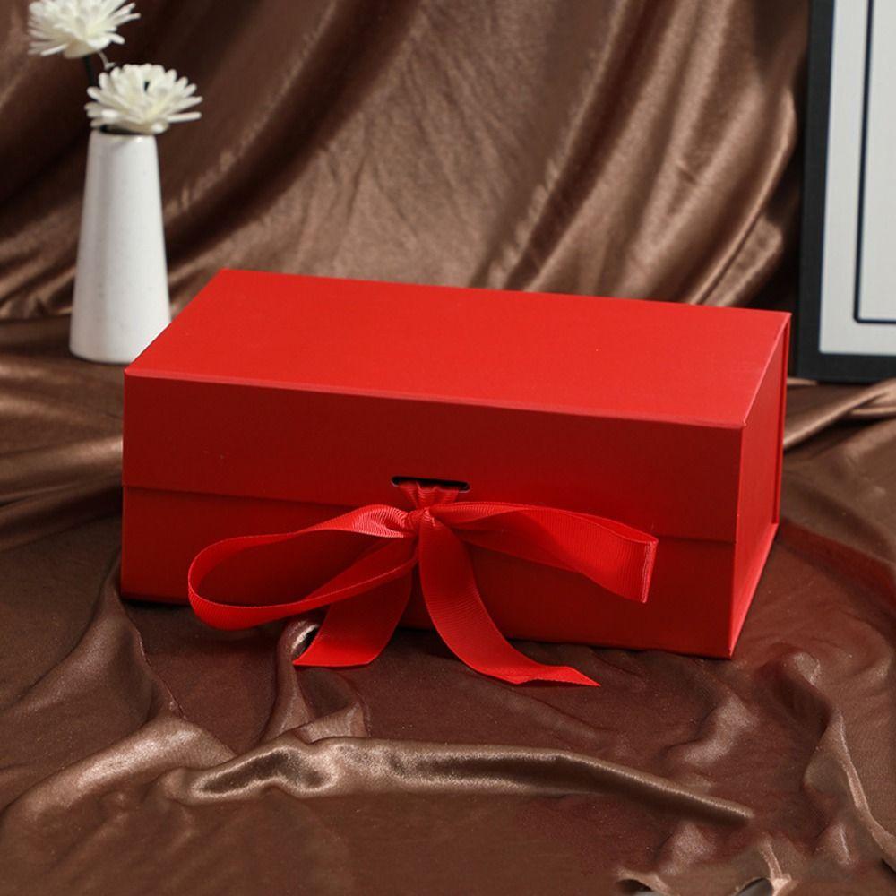 Pure Color Gift Box One-Piece Design Ribbon Decoration Cardboard Folding Box Foldable Flip Cover Wrapping Box Holiday Party