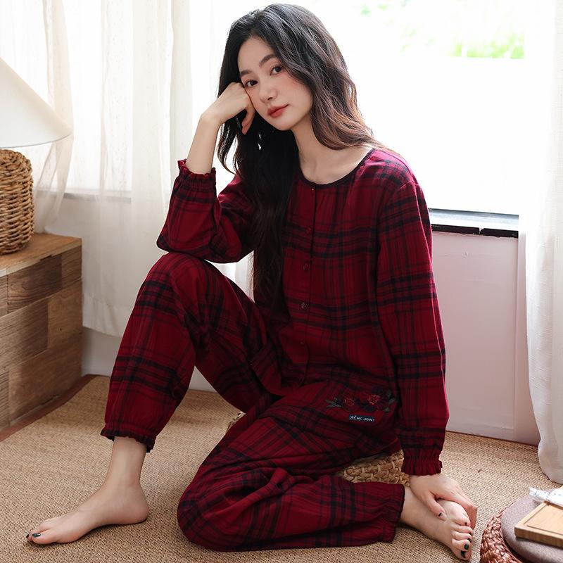Pajamas women's spring and autumn woven pure cotton long-sleeved thin middle-aged mother autumn cotton loungewear can be worn outside set