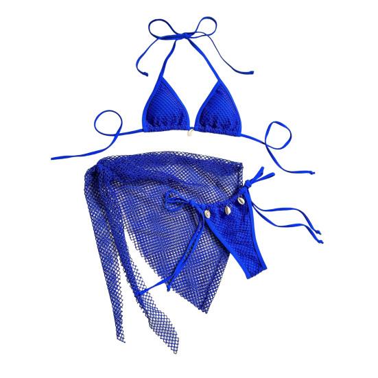 3 шт./комплект Купальник Комплект Халтер Накладки на грудь Бюстгальтер без косточек Плавки Юбка-накидка Комплект Раздельный Бикини Сетчатый Купальник M синий