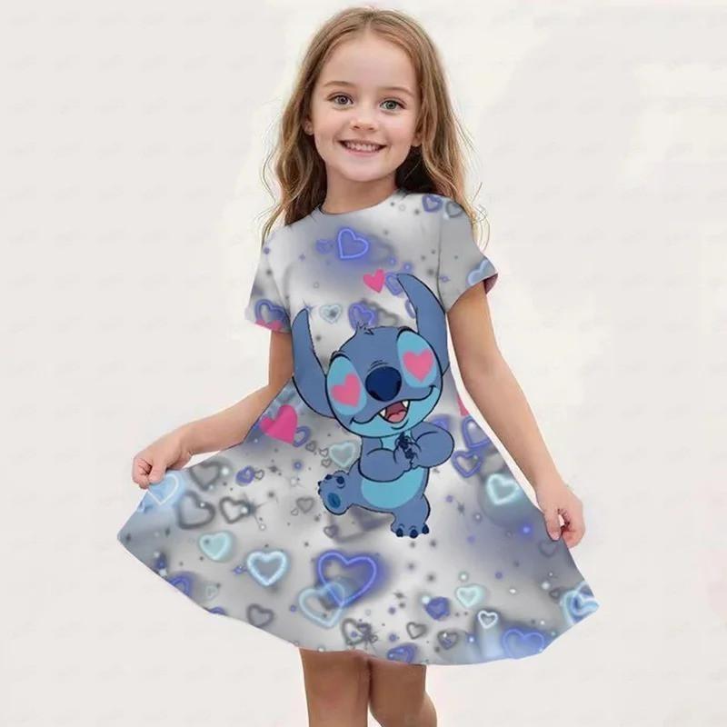 Disney Summer Girls Cute Cartoon Stitch Printed Dress Fashion One-piece Dress Kids Daily Casual Short Sleeve Clothing Outfit
