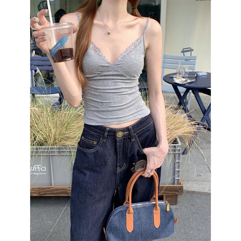 Elegant Summer Korean V-Neck Lace Trim Slim Camisole Top Extra Large серый