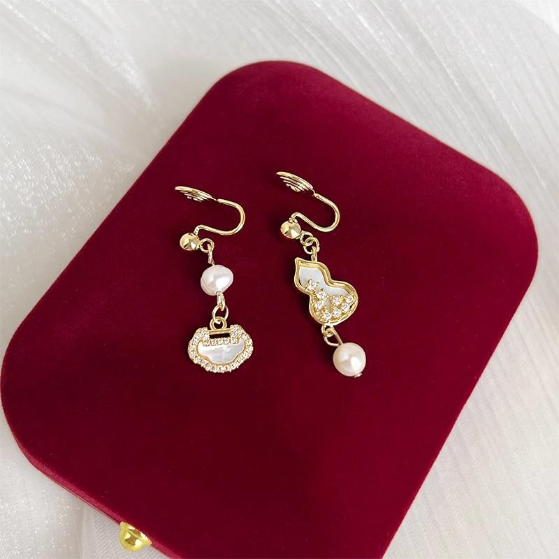 

Vintage Chinese Gourd Pearl Sterling Silver Earrings for Women - Qipao Accessories