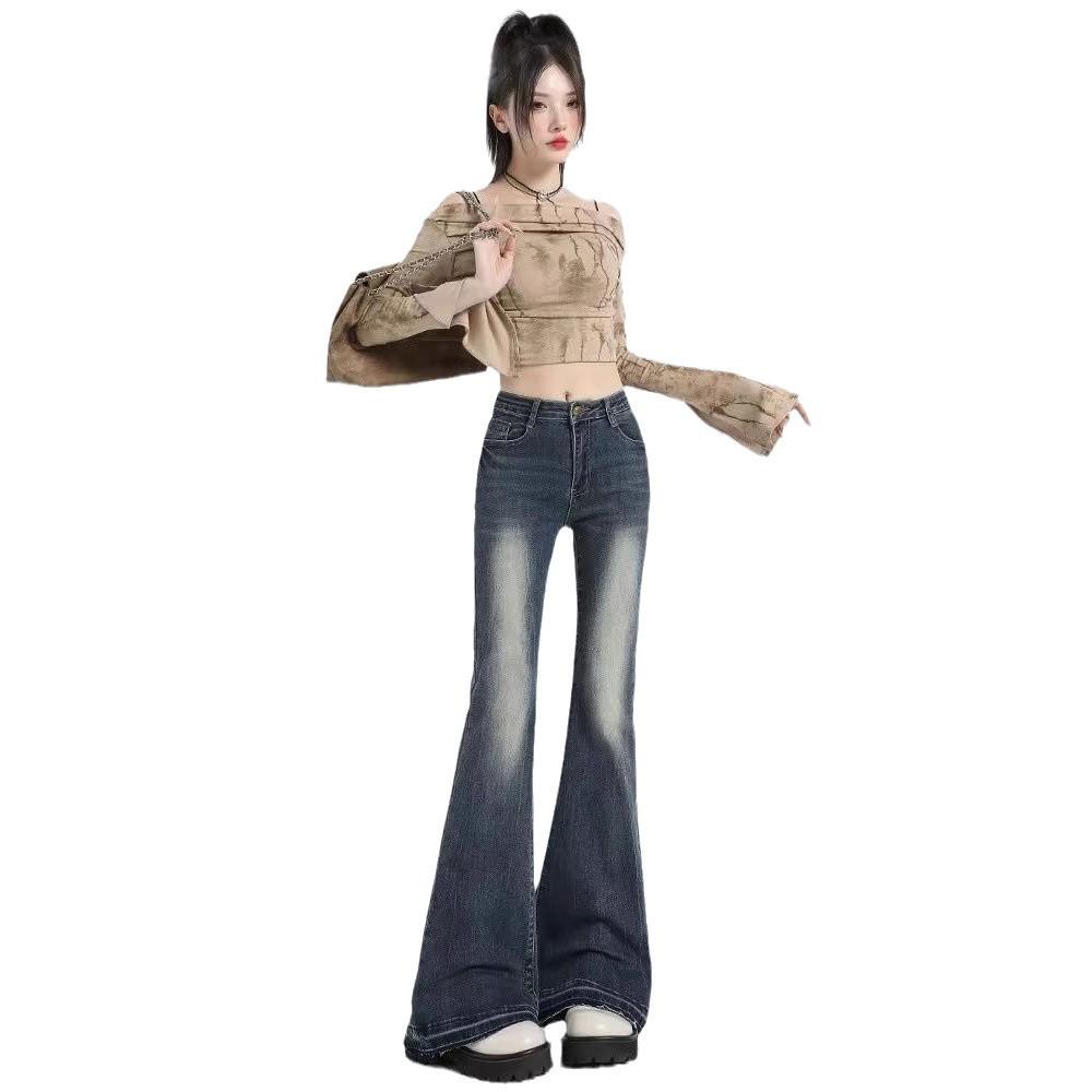 Retro Blue High-Waist Micro Flare Jeans with Slimming Raw Edge Design for Women - Spring & Autumn
