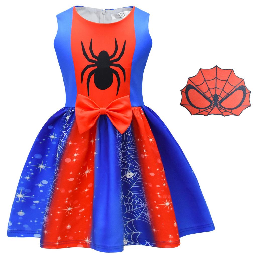 New Halloween Models, Sleeveless Girls' Skirts, Grid Cartoon Digital Printing, Bow Girls' Dresses + Bags.
