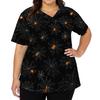 Womens V Neck Short Sleeve Work Shirt Side Slit Pockets Halloween Print Top Casual Comfortable Fit