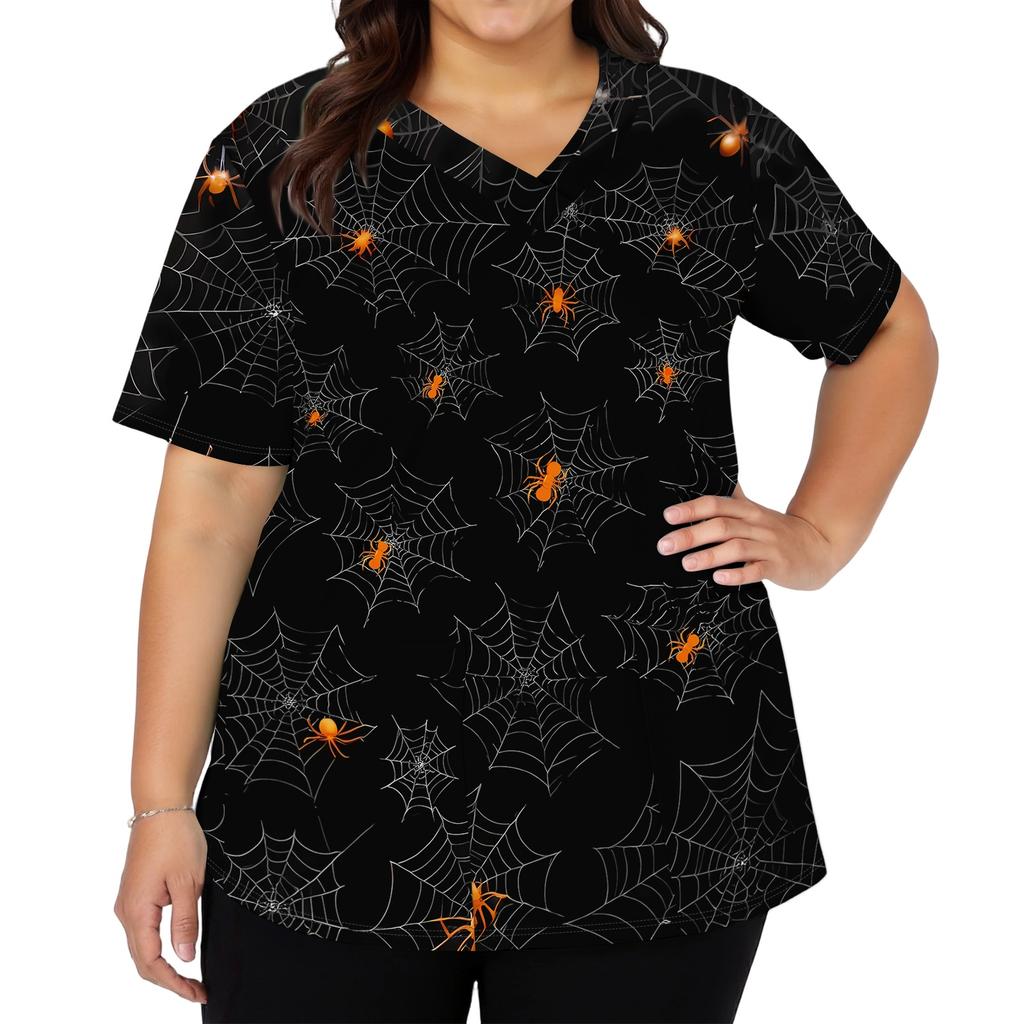 Womens V Neck Short Sleeve Work Shirt Side Slit Pockets Halloween Print Top Casual Comfortable Fit