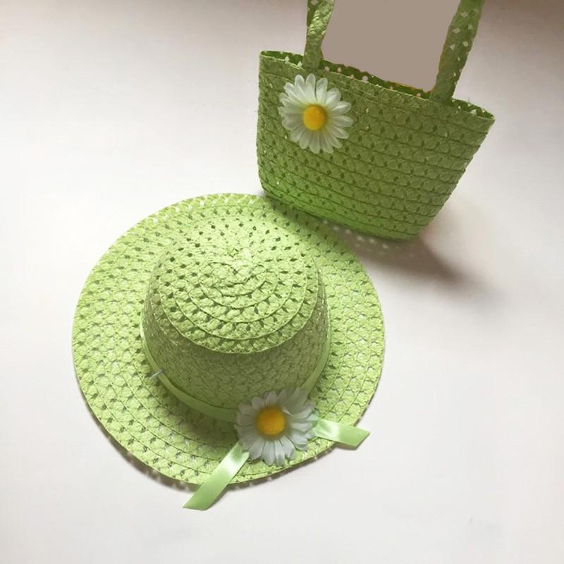 Children Charm Princess Straw Baby Girl Sun Beach Hat Flower Cap & Handbag Lovely Summer