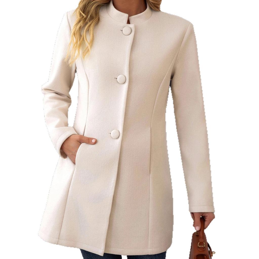Women S Casual Stand Collar Mid Length Woolen Coat For Daily Wear