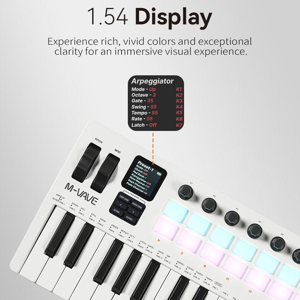 M-VAVE SMK-37 PRO 37 keys Keyboard 3 Octave Range 16 RGB Backlit Impact Pads Supports Wireless Connection to Multiple System