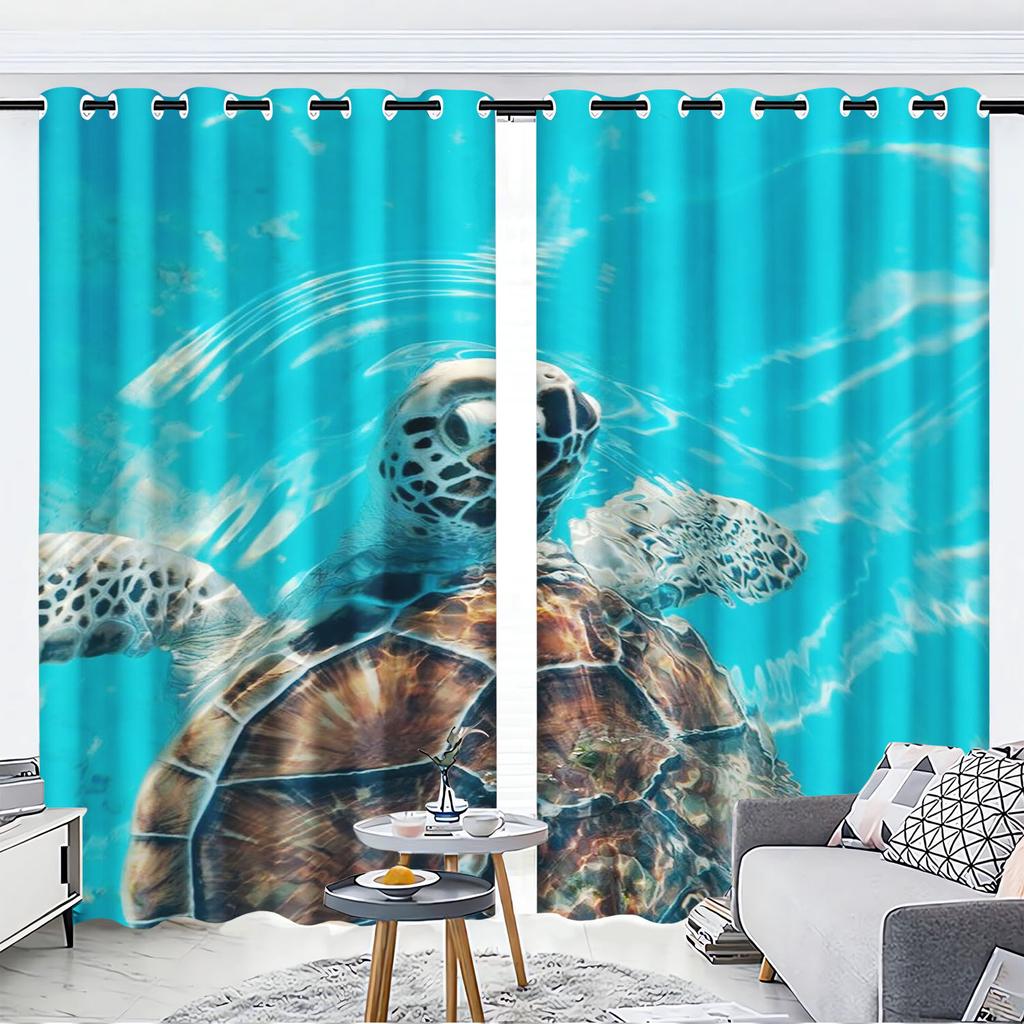 Cartoon Sea Turtles Curtain Sets, Window Decoration, 100% Polyester Shade, Bedroom, Living Room