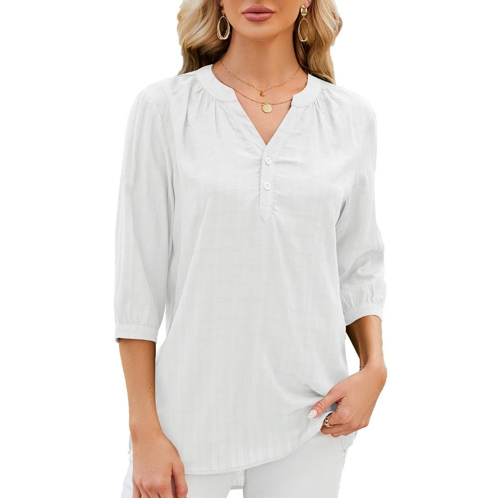 IHUASU Frühling/Sommer Einfarbig V-Ausschnitt Knopf Lockeres Set Chiffonbluse Frau