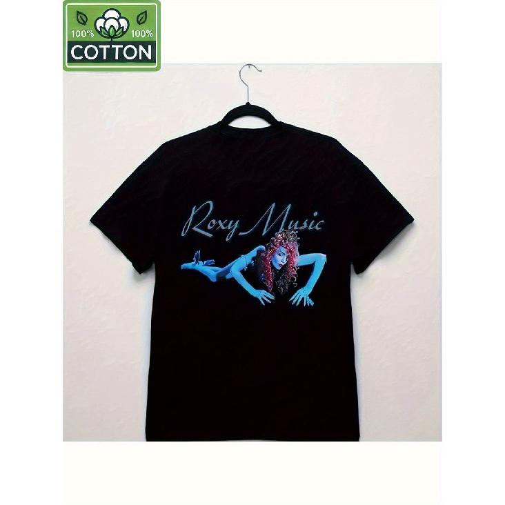 Roxy Music Band Graphic T-Shirt - Heavyweight 230gsm Vintage Rock Tee with Blue & Red Haired Character & Roxy Music Lettering, Unisex S-3XL, Durable S чёрный