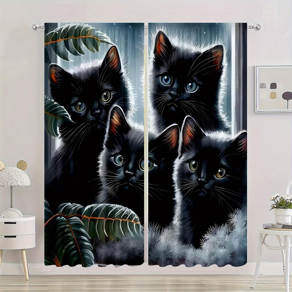 2Pcs Hd Digital Printed Curtains Rod Pocket Curtains Black Cat Print Curtain For Bedroom Study Window Living Room Office Home De