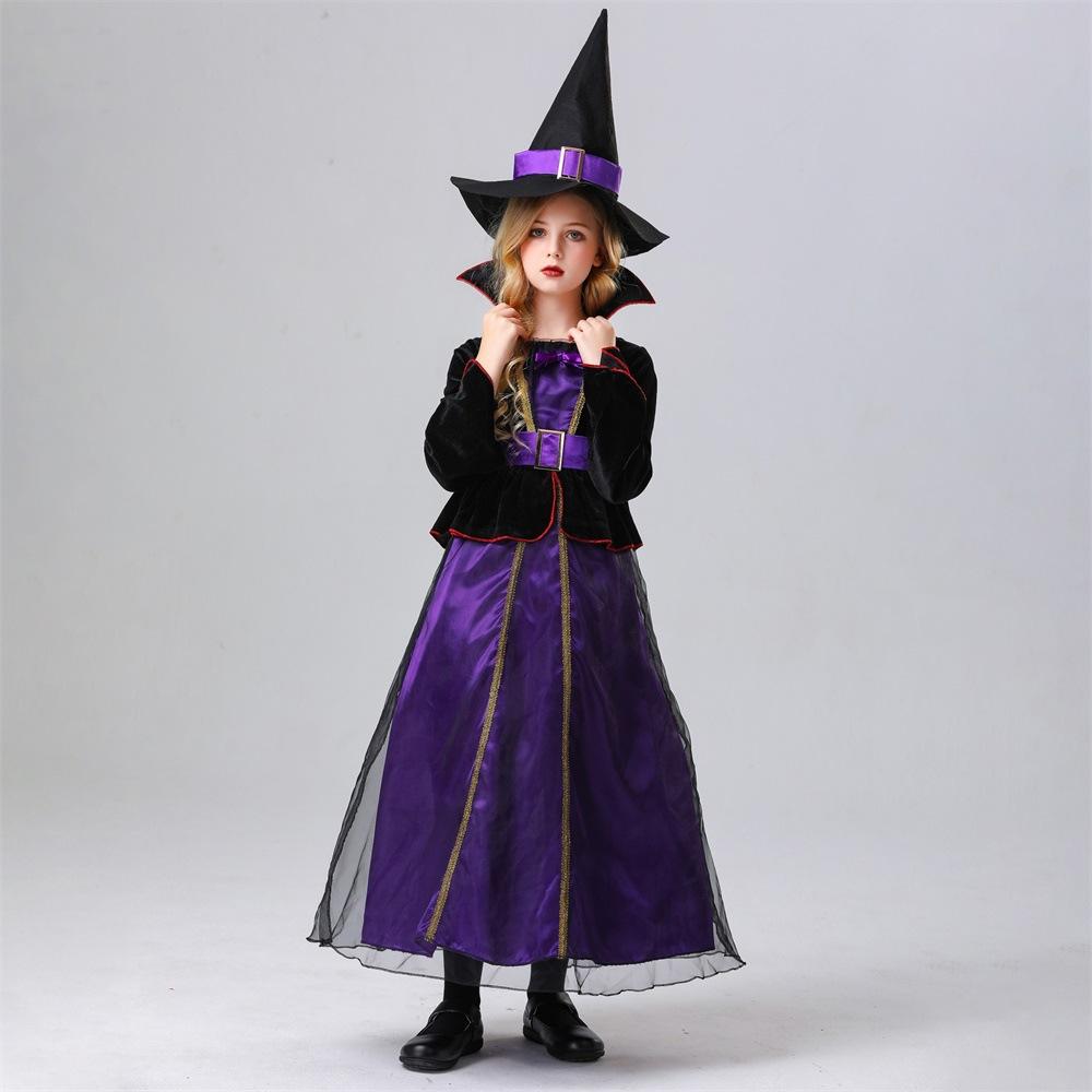 2025 Kids Girls Purple Witch Cosplay Dress with Hat, Halloween Role Play Full Set