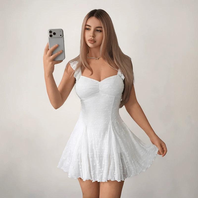 European and American women's summer elegant embroidery fabric pleated halter strap slim A-shaped mini dress