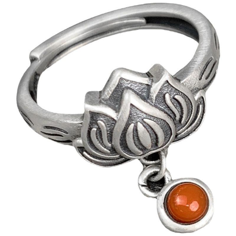 S925 Sterling Silver Blue Lotus Adjustable Tassel Ring for Women - Retro, Simple Design