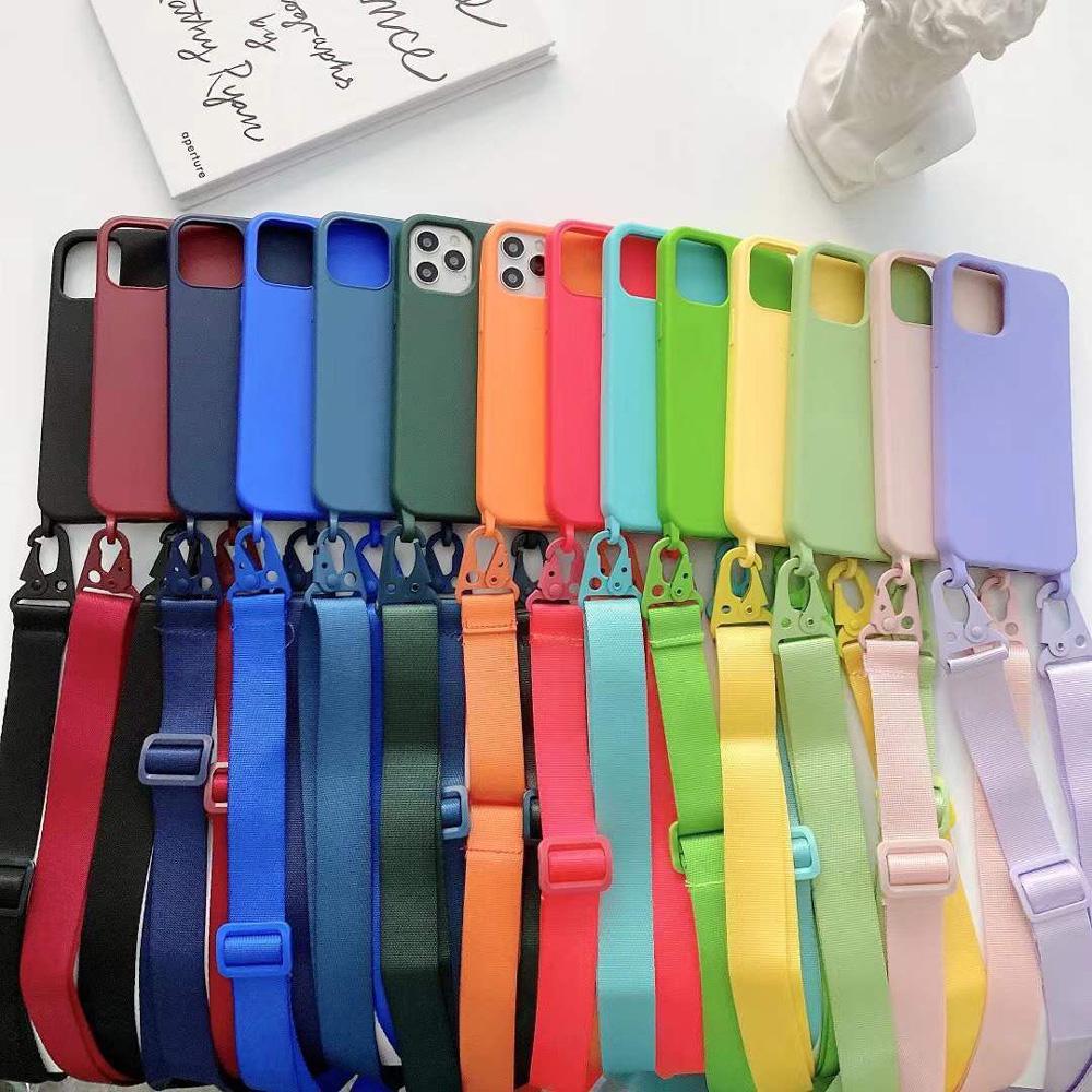 Funda de Silicona con Cordón para iPhone 11 12 13 14 15 Pro Max Color Caramelo Cubierta Trasera Suave con Cordón para el Cuello.