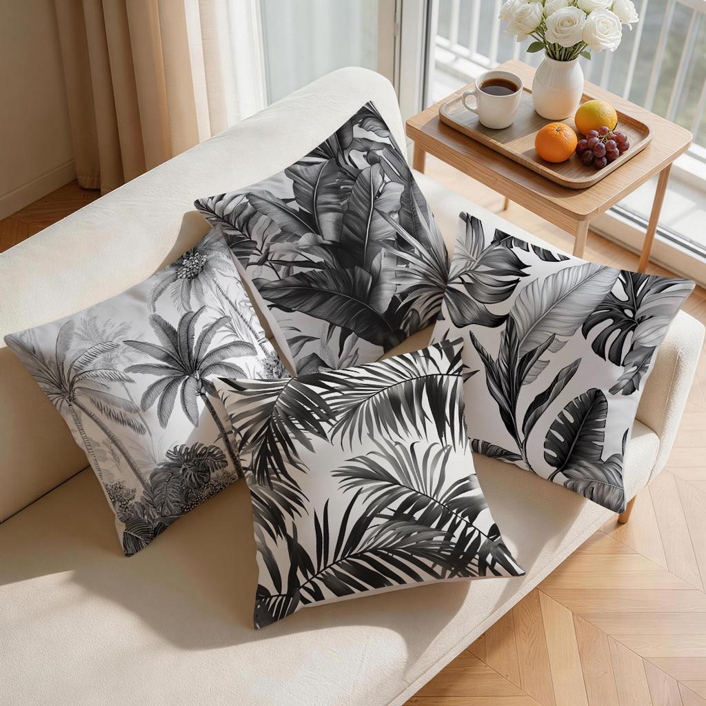 1/4pcs Black And White Leaves Cushions Pillowcase Polyester Cushion Cover Throw Pillow Pillowcover Home Car Sofa Decor