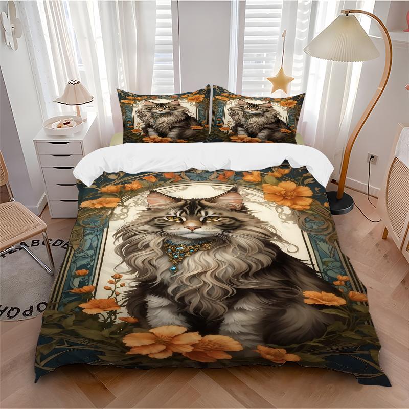 3Pcs Maine Coon Cat Portrait Bedding Set Soft Fabric Duvet Cover Pillowcases Home Christmas Xmas Halloween Gift 1 Duvet Cover 2 Pillowcase G1242