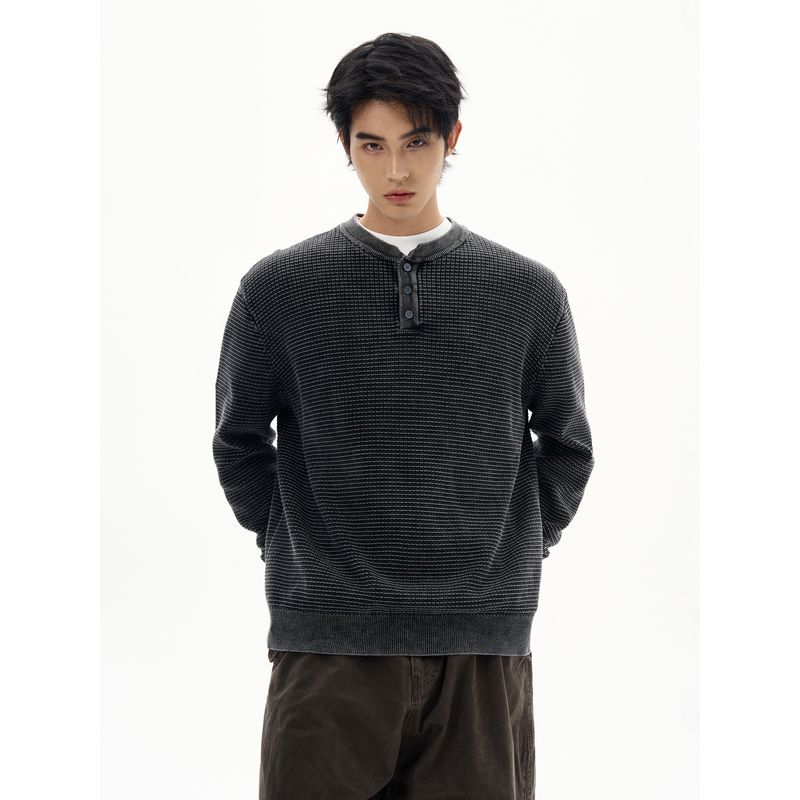 Kisko American Retro Waffle Henry Collar Work Clothing Long-Sleeved Men's and Women's High-End Loose Casual Knitted Tops
