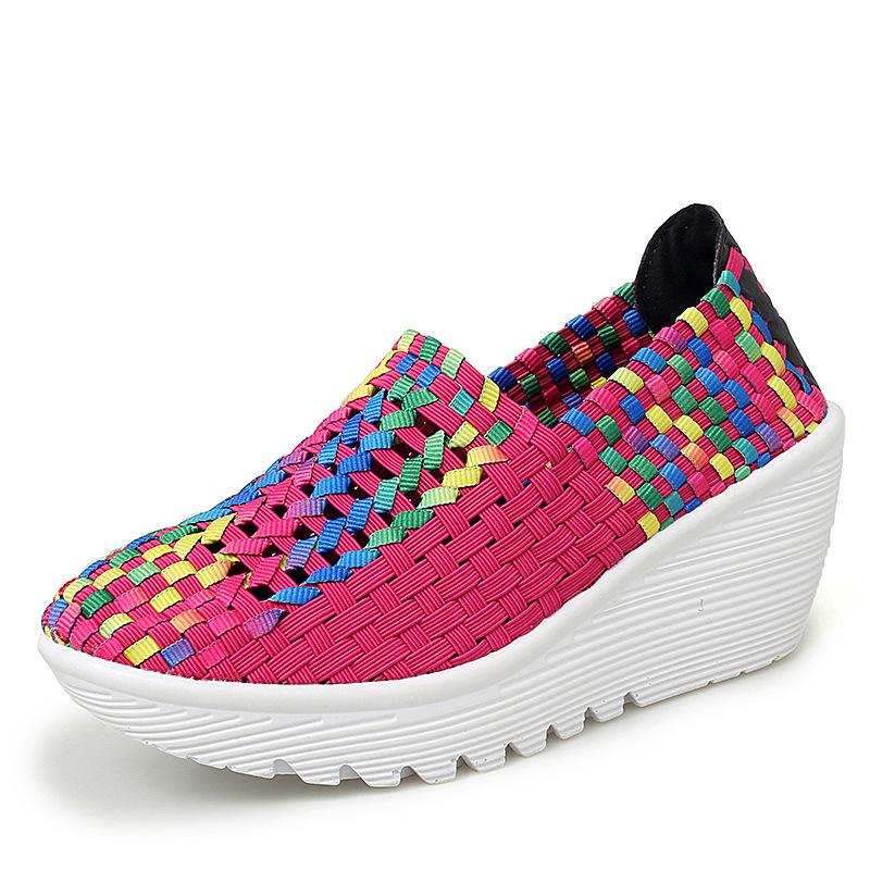 

Fashion 2025 Spring Women s Weaving Sports Slope Heel Shoes Women s Casual Breathable Thick Bottom Sports Walking Shoes Zapatos De Mujer 42 розы красного